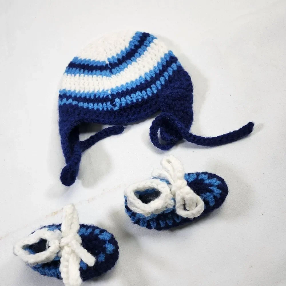 Knitted Baby Hat & Booties Set Blue White Stripes Newborn Soft & Warm Handmade A